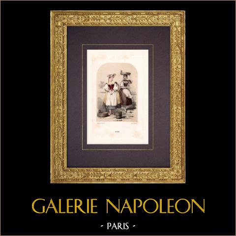 Ragazze che vanno al lavatoio (Svizzera) | Litografia originale disegnata e litografata da Lassalle. Acquerellata a mano. 1850