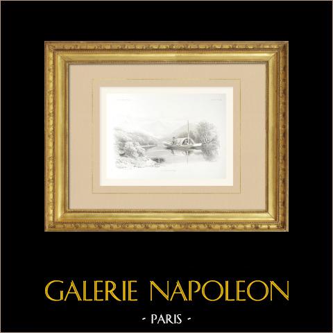 Paesaggio - Barca su un fiume nei Vosgi (Francia) | Litografia originale disegnata da Hubert, litografata da Becquet frères. 1859