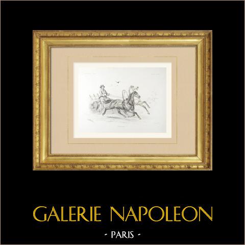 Una Slitta russa - Troika - Carrozza trainata da cavalli | Litografia originale disegnata da Adam, litografata da Becquet frères. 1859