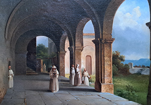 Mönche unter den Arkaden des Kreuzgangs